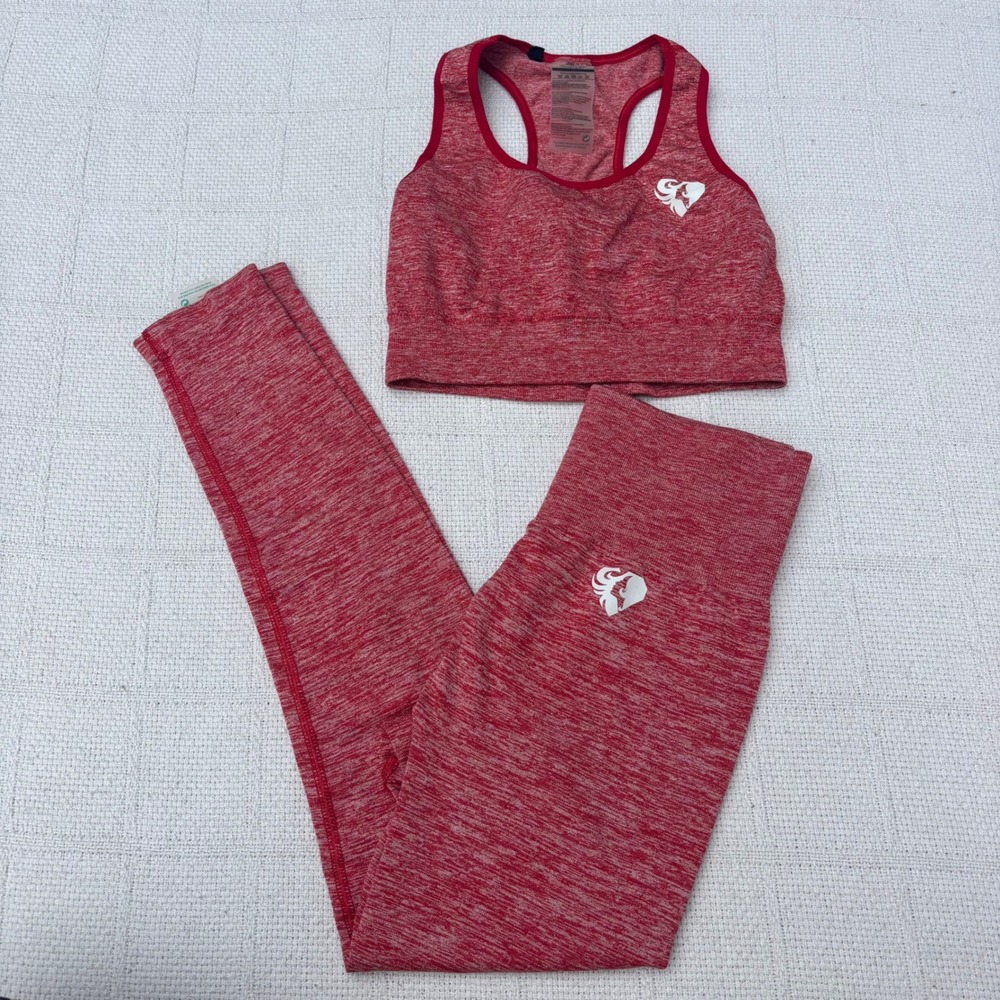 Women's Best S/M Red Heathered Seamless Racerback Sports Bra Leggings Gym Set